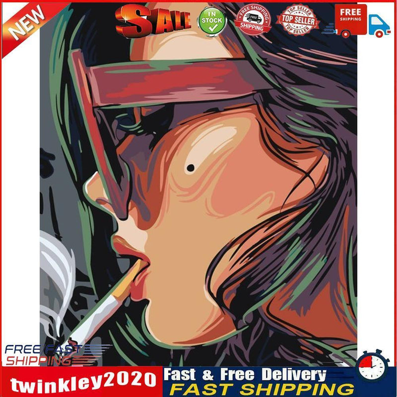 Frameless Oil Paint By Numbers Smoke Girl DIY Canvas Picture Craft Kit Newly