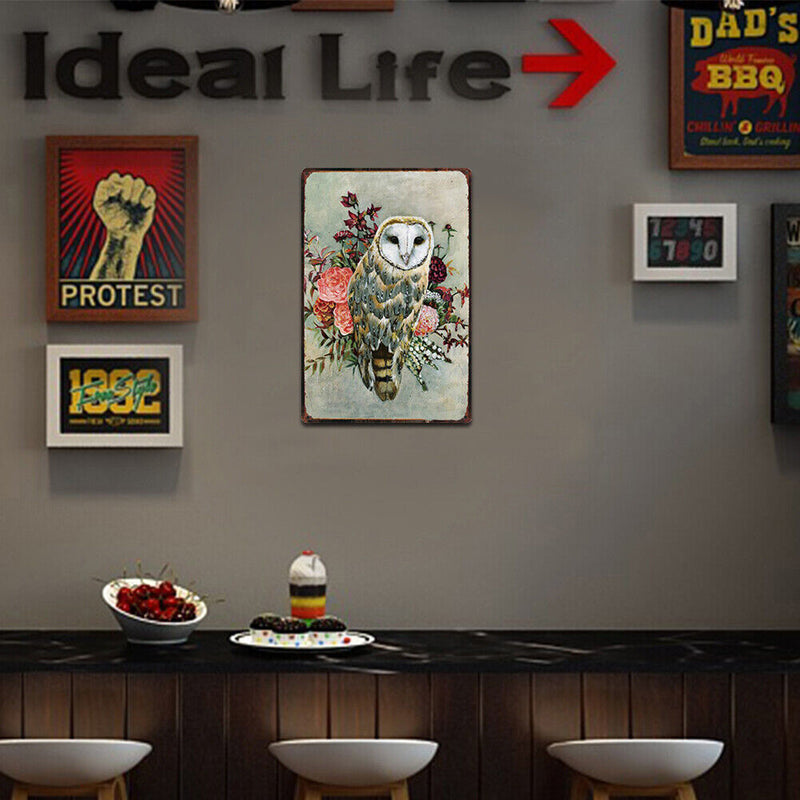 Flower Owl Retro Metal Plate Tin Sign Plaque Poster Wall Home Decor Iron Paints