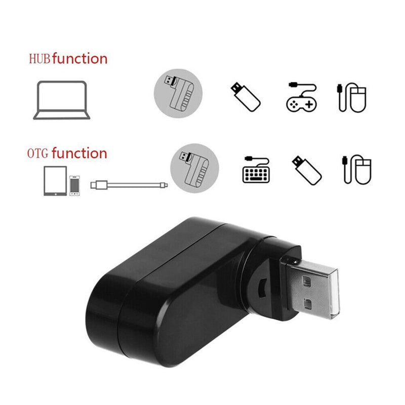 Mini Rotatable 3 Port USB Hub U Disk Reader Splitter for PC (USB 2.0 Black)