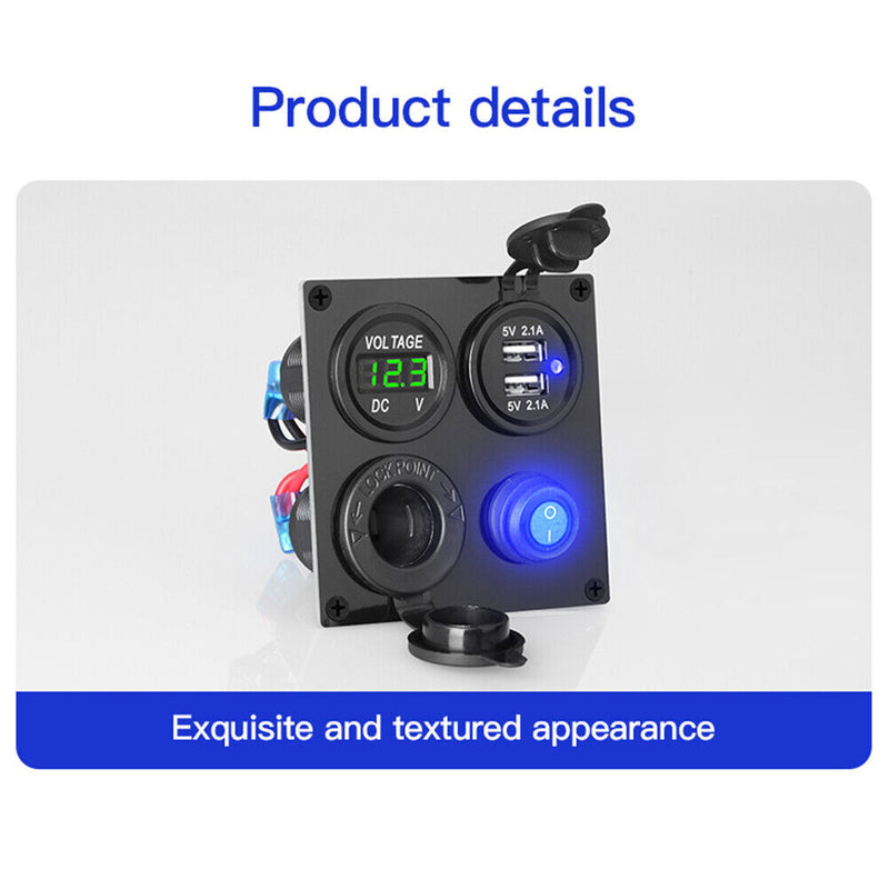 4 in 1 Switch Panel Voltmeter Dual USB Waterproof Switches for Car Marine Boat