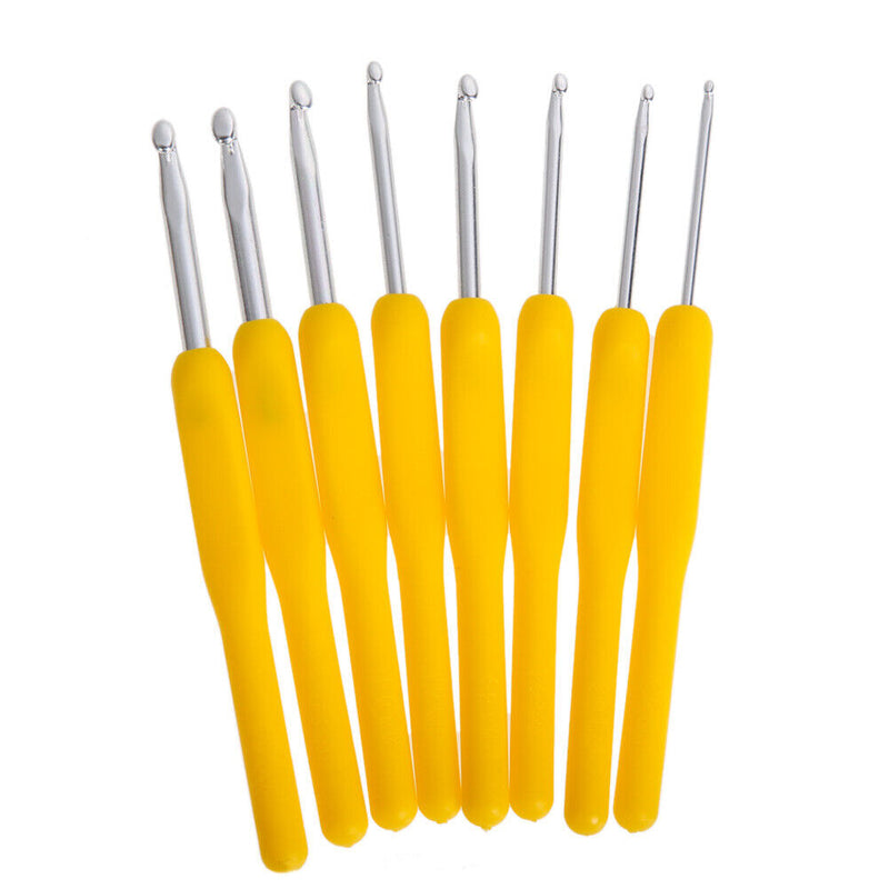 8 sizes Soft Plastic Handle Home Aluminum Crochet Knit Hook Needle Yellow Newly