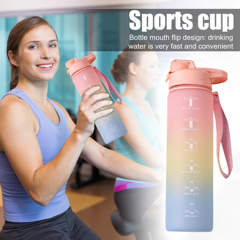 1000ml Sports Water Bottle with Time Marker Outdoor Fitness Cups (Pink) Newly