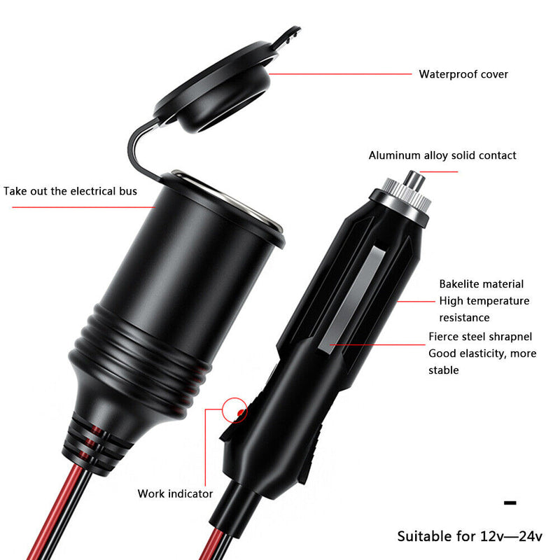 12V 24V Cigarette Lighter Extension Cord Male Plug to Female Socket (0.6m)