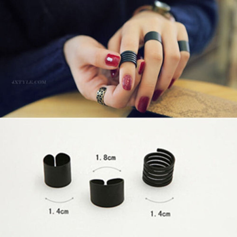 Women Gothic Jewelry Band Midi Above Knuckle Ring Set Punk Black Stack Plain