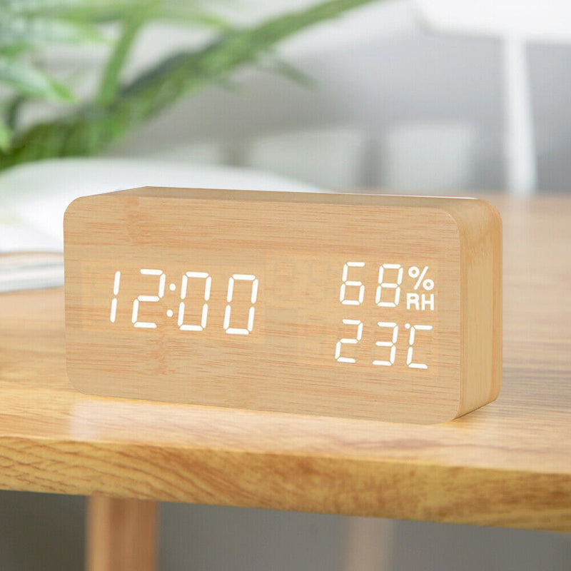 Alarm Clock LED Wooden Watch Table Voice Control Digital Wood Electronic Desktop