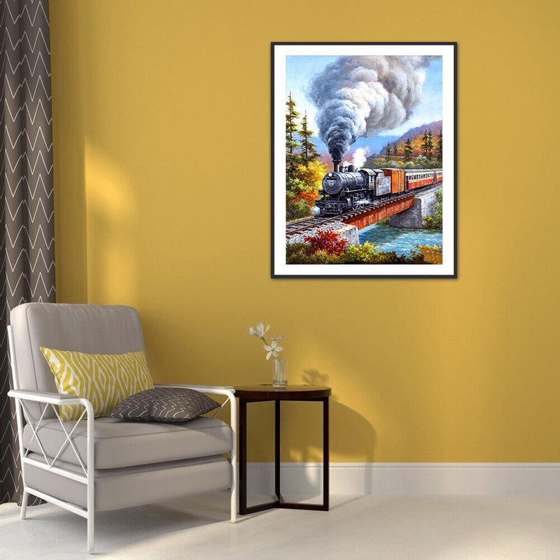 5D DIY Full Drill Round Shape Train Scene Rhinestone Diamond Drawing Home Decor