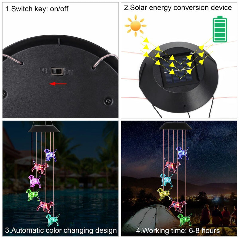 Yard Patio Wind Chime Hummingbirds Solar Chime LED Crystal Dog Discolored
