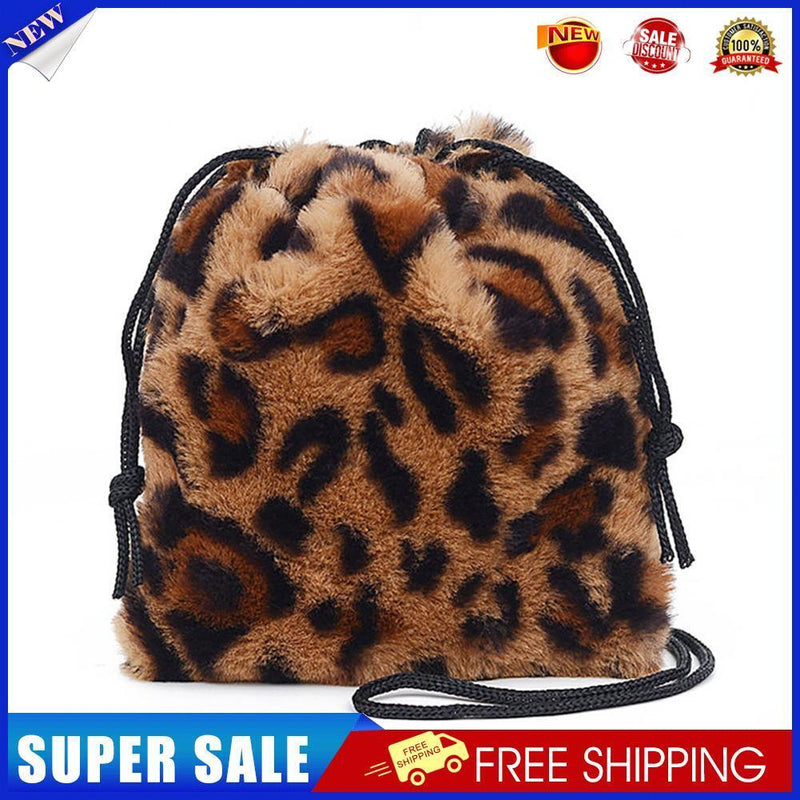 Women Plush Shoulder Crossbody Bag Mini Drawstring Clutch (Leopard Printed)