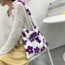 Women Plush Flower Pattern Handbag Lady Warm Large Shoulder Bag (Purple)