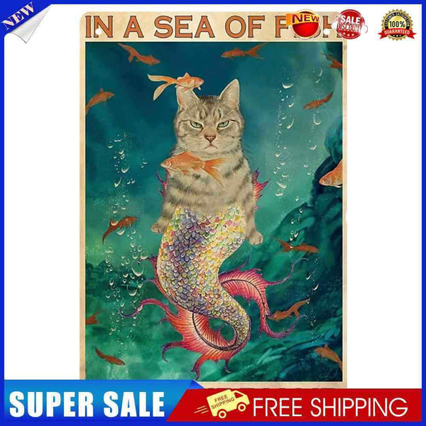 Retro Mermaid Cat Metal Plate Painting for Bar Pub Tin Plaques Wall Sign