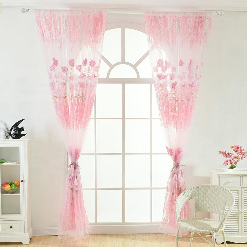 Offset Printing Sheer Curtain Yarn Tulle Window Screen Voile Panel(Pink)
