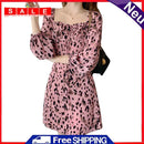 Square Low Collar Dress Women Puff Sleeves Leopard Print Tunic Summer Dresses