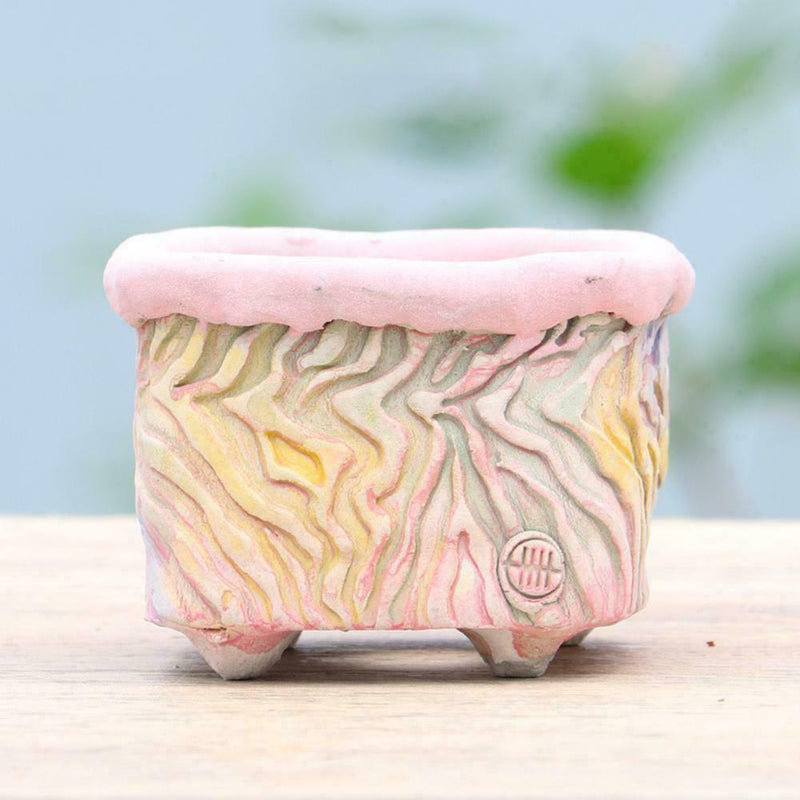 Hand Kneaded Bark Texture Square Pot White Pottery Flower Pot Succulent N9W4