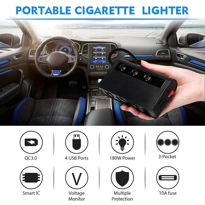 Cigarette Lighter 3 Socket 180W DC Power Adapter USB Car Charger (Black) Newly