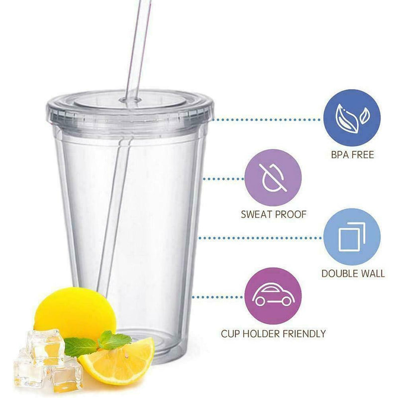 16OZ Double-Walled Cups Plastic Clear with Lid and Insulated 480ml Straw S0R4