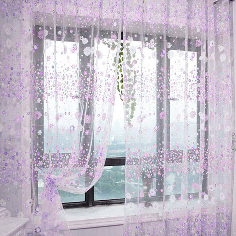Floral Printed Tulle Voile Window Curtain Sheer Drape 200x100CM Purple