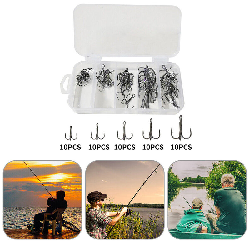 50pcs High Carbon Steel Barbed 3-Claw Fishing Hooks Set Lure Triple Fishhoo