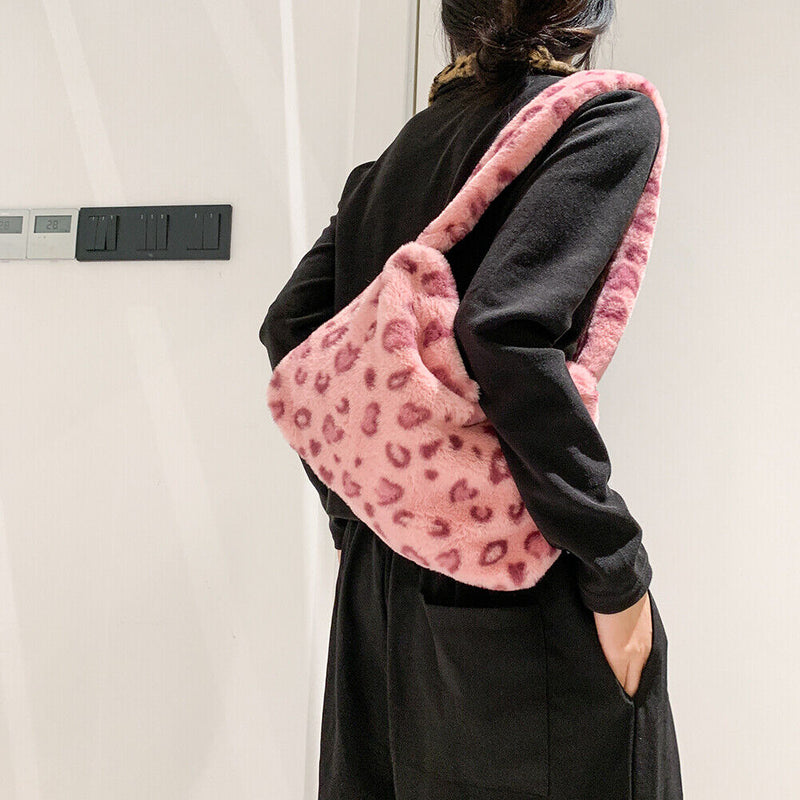 Women Leopard Soft Plush Shoulder Underarm Bags Female Winter Warm Handbags Tote