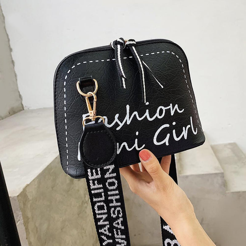 Women PU Leather Shell Wide Shoulder Strap Crossbody Messenger Bag (Black)