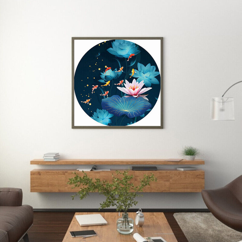 11CT Partial Stamped Embroidery Kit Round Lotus Fish Cross Stitch Needlework DIY