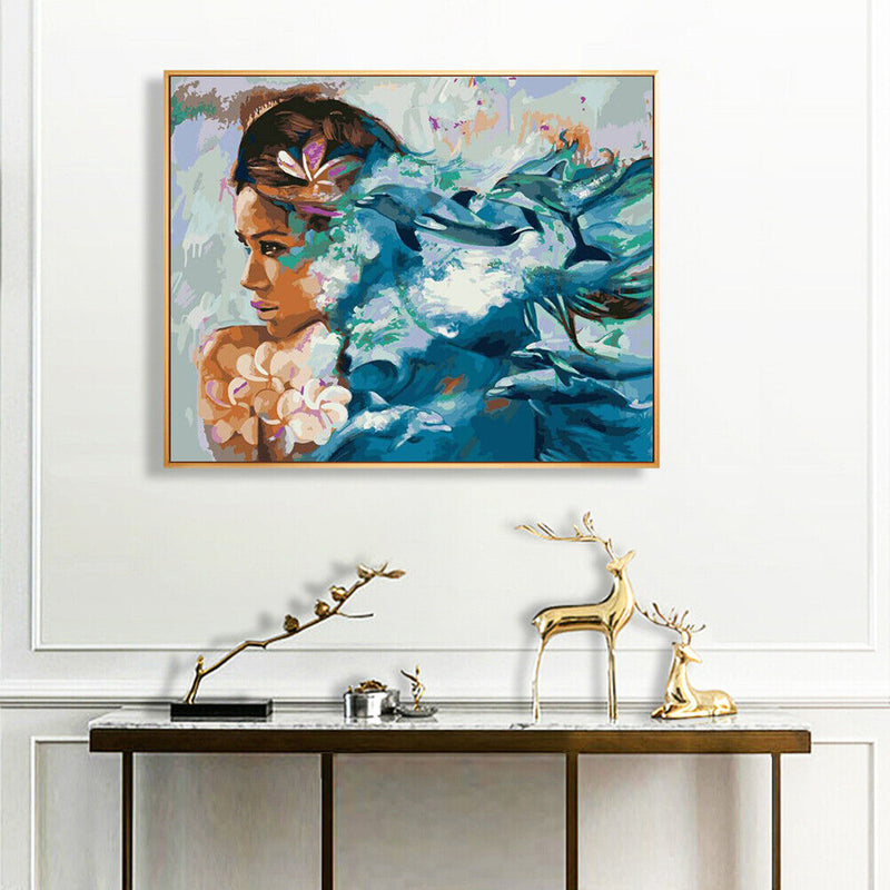 Girl and Dolphin Oil Paint By Numbers DIY Acrylic Painting on Canvas Drawing Kit