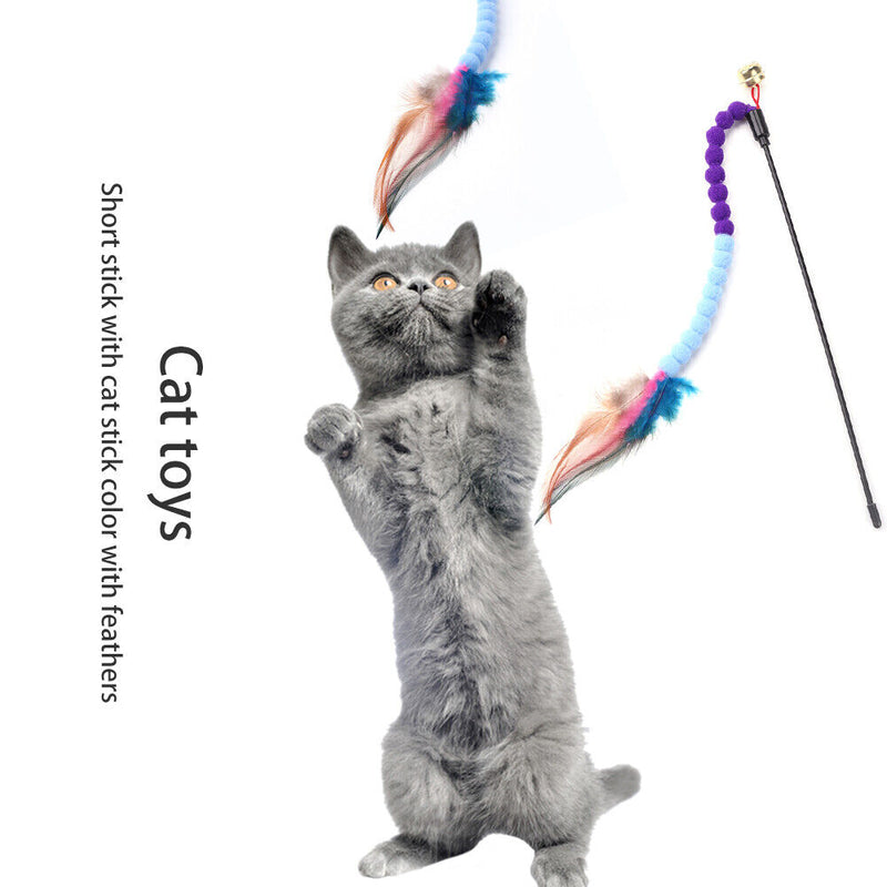 Cat Teasing Stick Colorful Pompom Feather Wand Fun Pet Teaser Rod Toys (04)