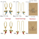 Red Blue Hummingbird Pendant Necklace Long Tassel Drop Earrings Crystal Birds