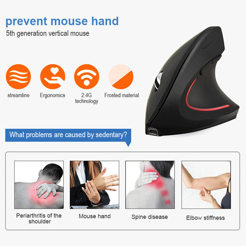 Mice 3 Gears 1600 DPI 2.4GHz Rechargeable Optical LED Wireless Vertical Mouse