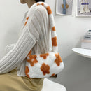 Retro Women Flower Print Shoulder Underarm Bag Winter Plush Purse (Orange)
