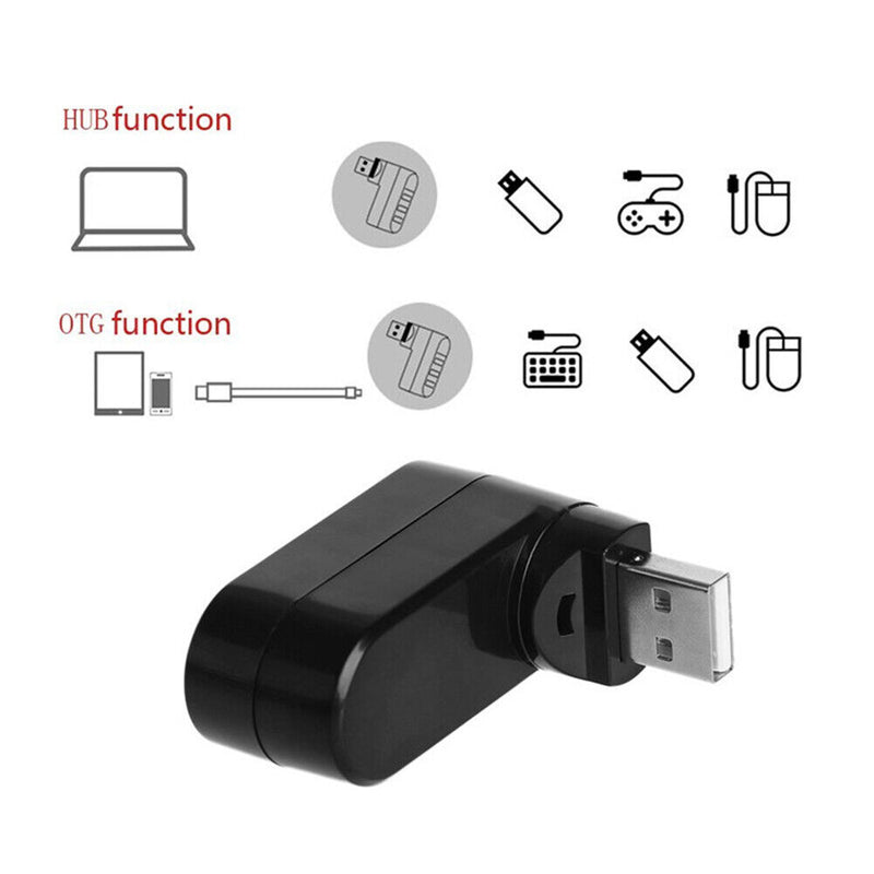 USB3.0 Hub Adapter Rotate High Speed U Disk Reader Splitter 3-Port (Black)