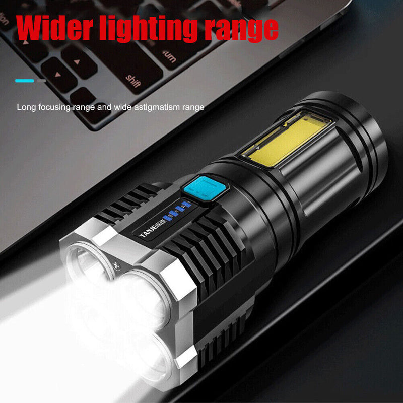 4 LED+COB Beads Flashlight for Outdoor Hiking Camping Rechargeable USB Portable