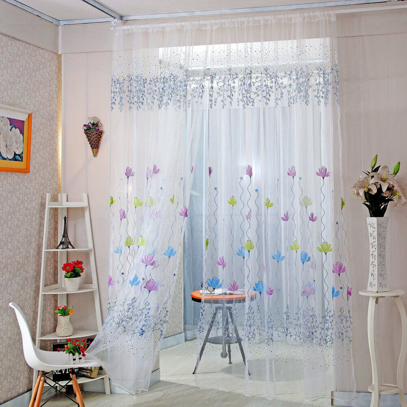 Flowers Print Translucent Curtains Windows Decor Tulle Sheer Drapes Blue