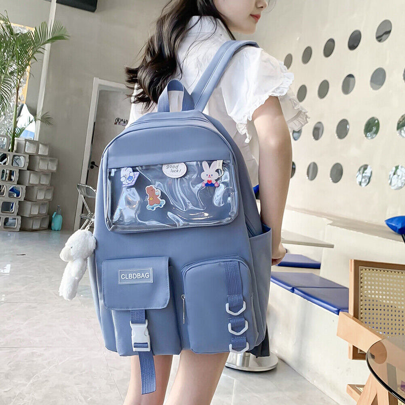 #A 4Pcs Backpacks Teenager Girls Casual Solid Color School Bookbag Rucksack