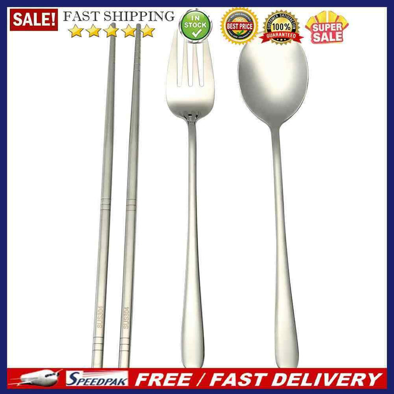 4pcs Stainless Steel Dinnerware Set Portable Chopsticks Spoon Fork Tableware