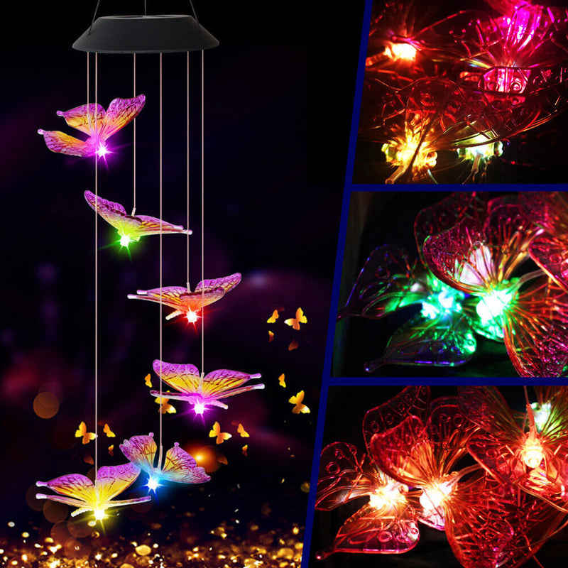 LED Solar Wind Chime Butterfly Light Color Changing IP65 Hanging Lamp (B) Newly