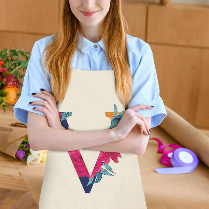 Flower V Printed Linen Apron Waterproof Kitchen Cooking Bibs (82X68CM)