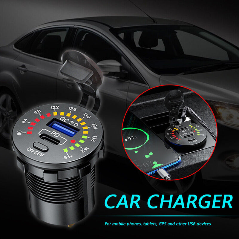 Car USB Charger Quick Charge 3.0 PD USB Type C Power Adapter with On/Off Switch