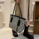 Women Houndstooth Print Leather Jacquard Shoulder Bag Casual Tote Shopping Bags