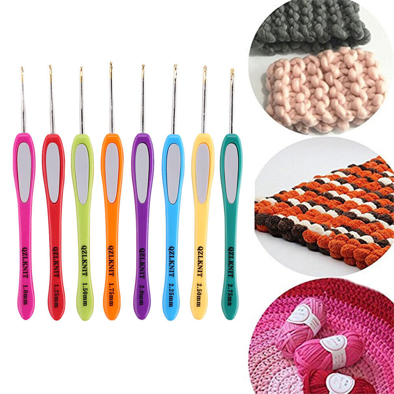 8pcs Soft Plastic Handle Knitting Needles Aluminum Crochet Hooks Set for Weaving