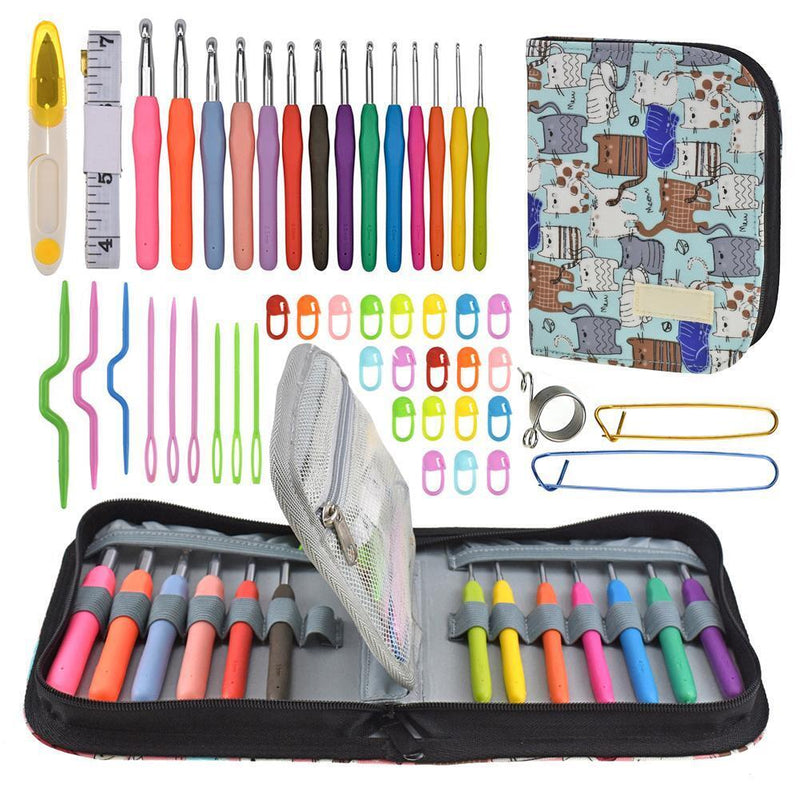 49pcs Aluminum Crochet Hooks Holder Sewing Storage Toollkit Bag (Light Blue
