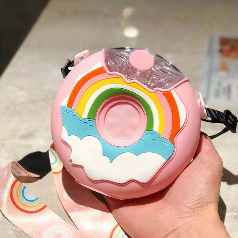 380ml Donut Water Bottle - Sport Straw Drink Bottle for Kids (Rainbow Pink)
