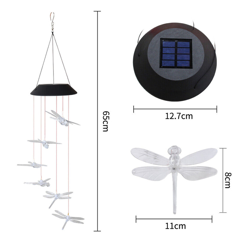 Waterproof Wind Chime Solar Power Lamp Color Changing Dragonfly Pendant Lig