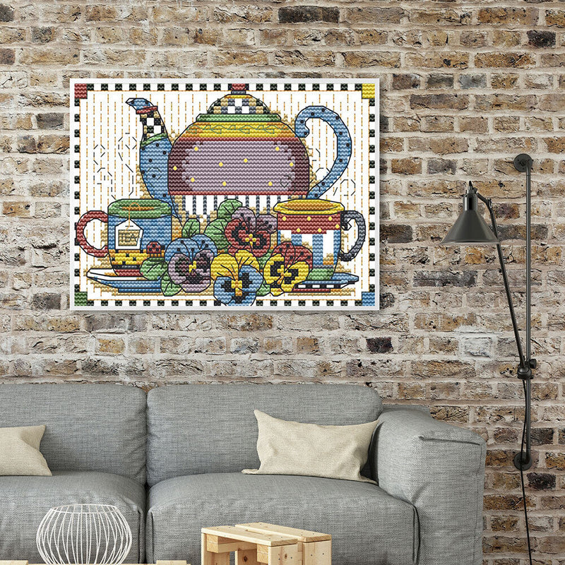Tea Set Partial Cross Stitch 14CT Cotton Thread Printed Embroidery Kits