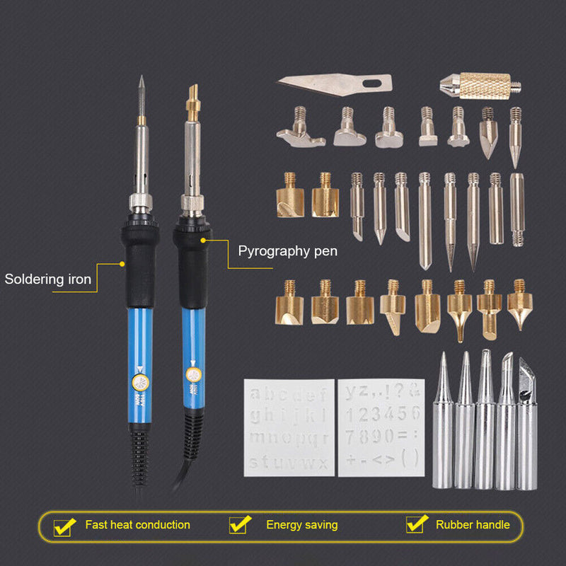 28 in 1 Wood Burning Kit 60W Temp Adjustable Pyrography Soldering Iron (US)