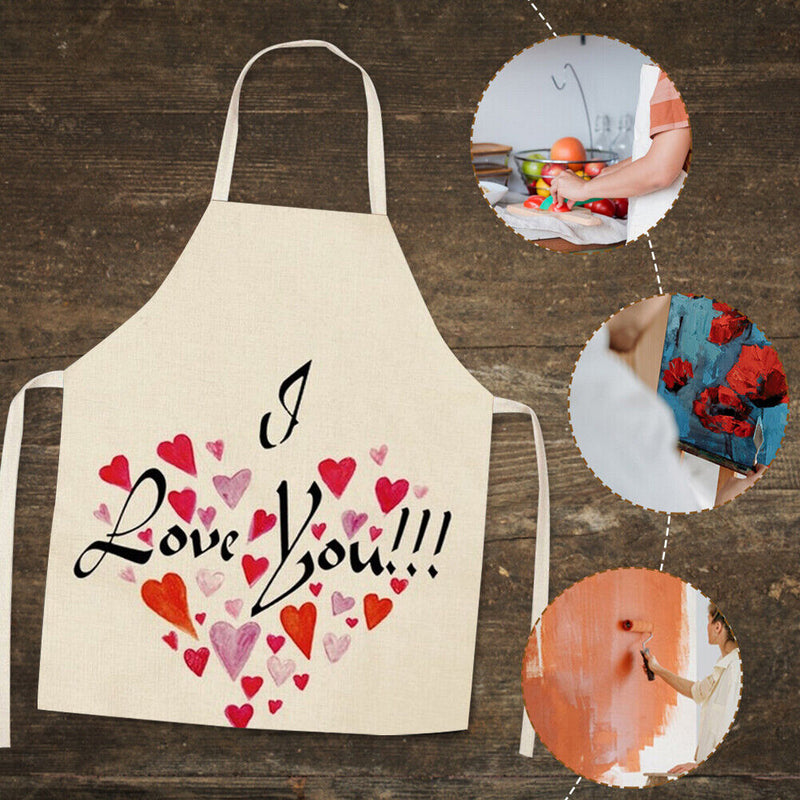 I Love You Printed Linen Apron Waterproof Kitchen Cooking Bibs (82x68cm)