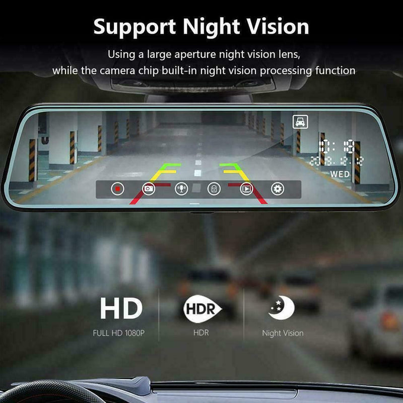 10" 1080P Dual Lens Car DVR Dash Cam Front and Rear Video Recorder Mirror D4B7