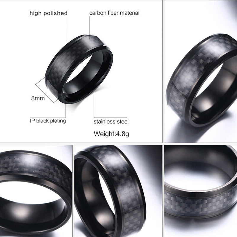 Engagement Stainless Steel Punk Wedding Band Carbon Fiber Ring Men Ring Black