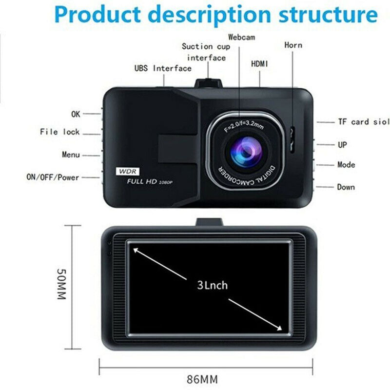 Wide Angle Cycle Recording Dash Cam DVR Camera Video Recorder Car Recorders