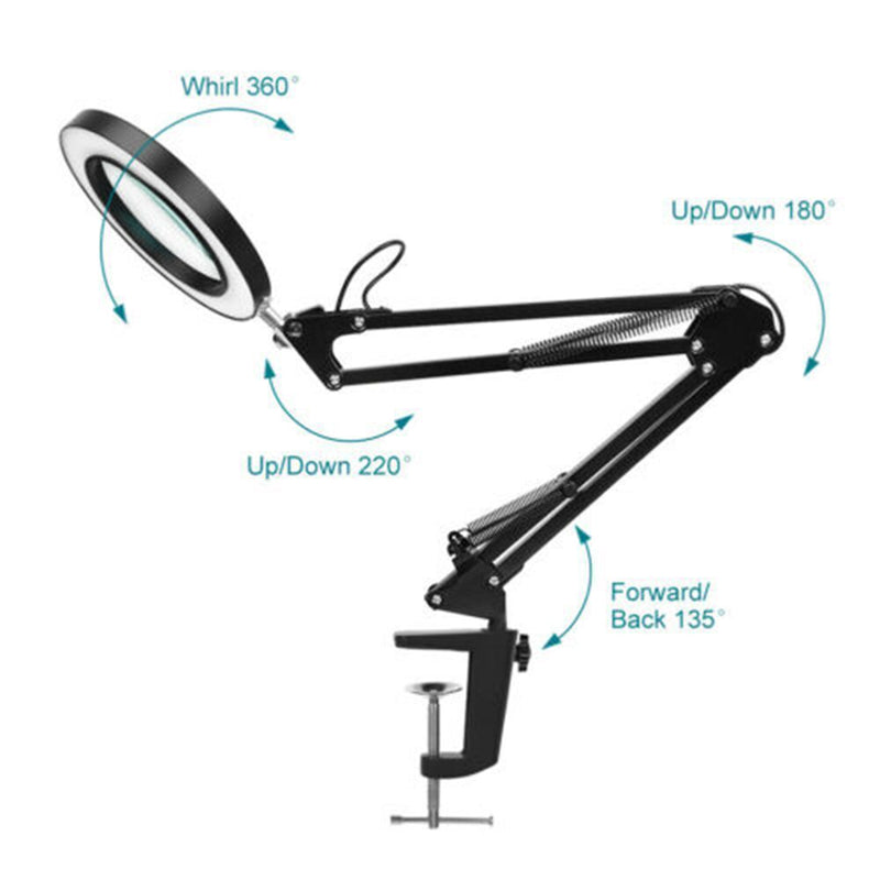 with Base& Clamp Black Reading Lamp 10X Magnifier Desk Light Magnifying Glass