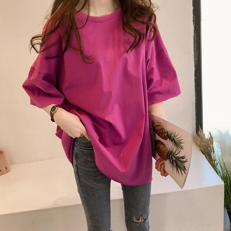 Summer Half Sleeve Long T-shirt Candy Color Loose Women Tops (Rose Red L)